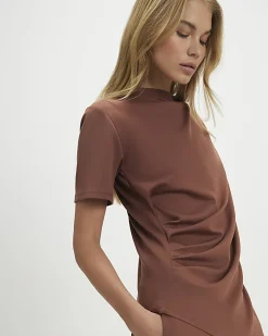 Brown Short Sleeve Drape Tunic Top