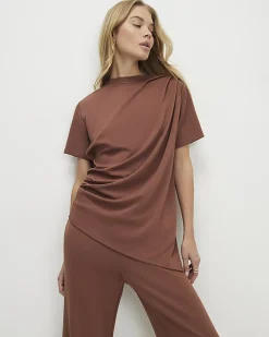 Brown Short Sleeve Drape Tunic Top