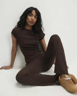 Brown Short Sleeve Fitted Ribbed Top
