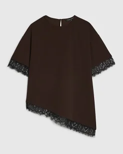 Brown Short Sleeve Lace Trim Asymmetric Top