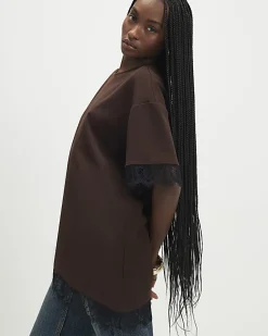 Brown Short Sleeve Lace Trim Asymmetric Top