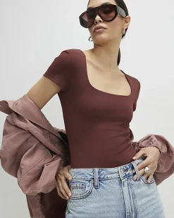 Brown Short Sleeve Scoop Neck Bodysuit
