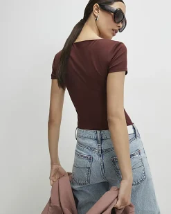 Brown Short Sleeve Scoop Neck Bodysuit