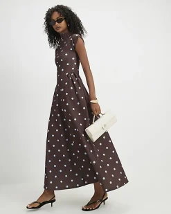 Brown Short Sleeve Spotted Godet Maxi Dress
