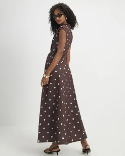 Brown Short Sleeve Spotted Godet Maxi Dress