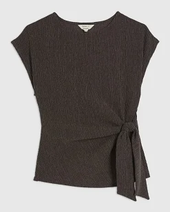 Brown Short Sleeve Textured Twist Front Top