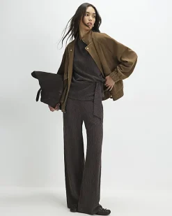 Brown Short Sleeve Textured Twist Front Top