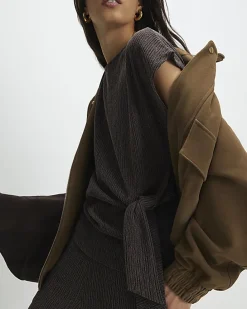 Brown Short Sleeve Textured Twist Front Top