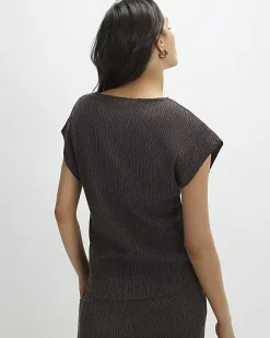 Brown Short Sleeve Textured Twist Front Top