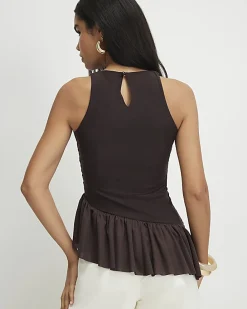 Brown Sleeveless Bubble Hem Top