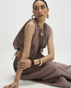 Brown Sleeveless Bubble Hem Top