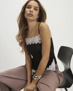 Brown Sleeveless Lace Trim Cami Top