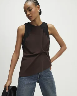 Brown Sleeveless Lace Trim Top