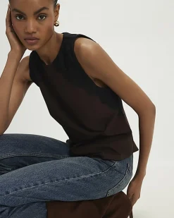 Brown Sleeveless Lace Trim Top