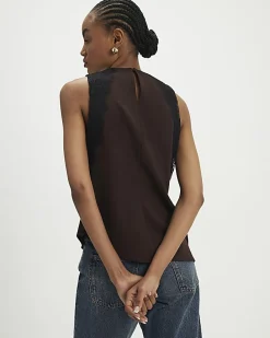 Brown Sleeveless Lace Trim Top