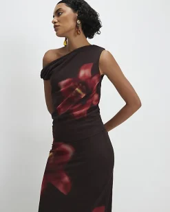 Brown Sleeveless Mesh Floral Print Top