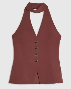 Brown Sleeveless Scarf Neck Waistcoat
