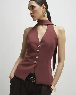 Brown Sleeveless Scarf Neck Waistcoat