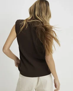 Brown Sleeveless Shoulder Pad Tank Top