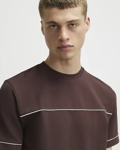 Brown Slim Fit Piped Textured T-Shirt