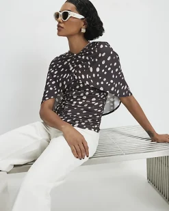 Brown Spot Ruched Cape Top