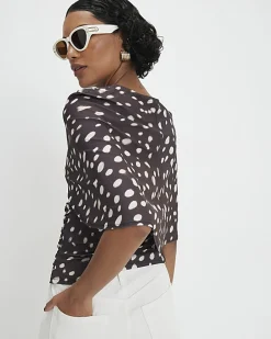 Brown Spot Ruched Cape Top