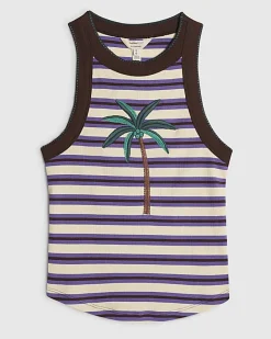 Brown Stripe Palm Tree Embroidered Tank Top