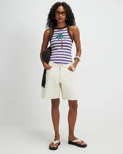 Brown Stripe Palm Tree Embroidered Tank Top