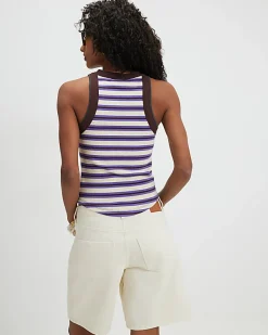 Brown Stripe Palm Tree Embroidered Tank Top