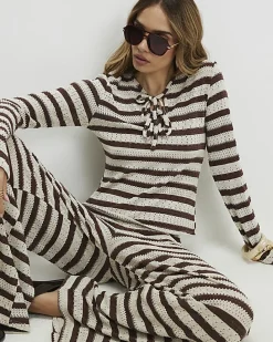Brown Stripe Textured Tie Top