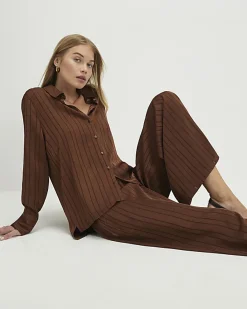 Brown Striped Drawstring Wide Leg Trousers