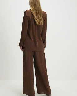 Brown Striped Drawstring Wide Leg Trousers