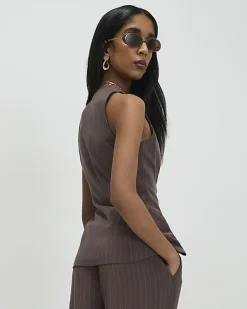 Brown Striped Soft Tie Front Top