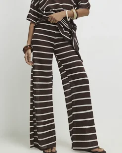 Brown Striped Textured Wide Leg Trousers