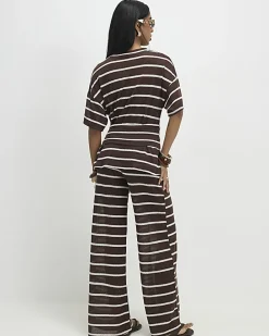 Brown Striped Textured Wide Leg Trousers