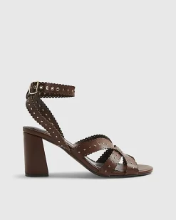 Brown Studded Scallop Edge Block Heel Sandals