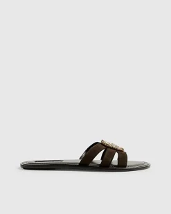 Brown Suede Beaded Ring Flat Sandals
