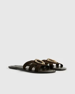 Brown Suede Beaded Ring Flat Sandals