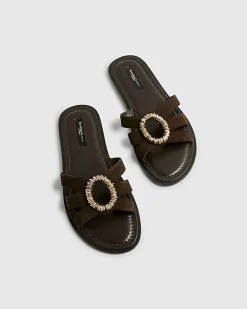 Brown Suede Beaded Ring Flat Sandals