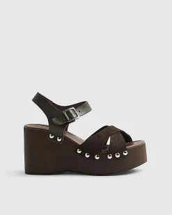 Brown Suede Clog Wedge Sandals