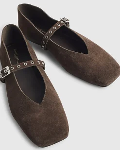 Brown Suede Eyelet Square Toe Ballet Pumps