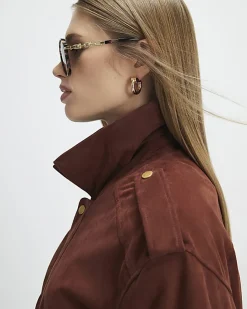 Brown Suede Oversized Bomber Jacket