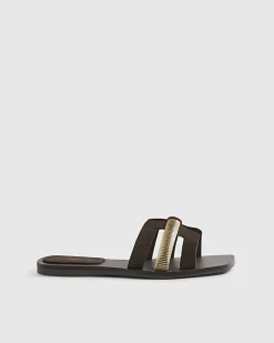 Brown Suede Strap Flat Sandals