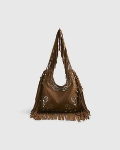 Brown Suede Studded Fringed Shoulder Bag