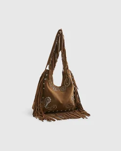 Brown Suede Studded Fringed Shoulder Bag