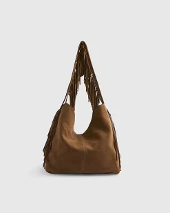 Brown Suede Studded Fringed Shoulder Bag