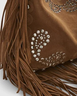 Brown Suede Studded Fringed Shoulder Bag