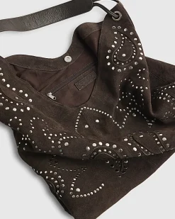 Brown Suede Studded Slouch Bag