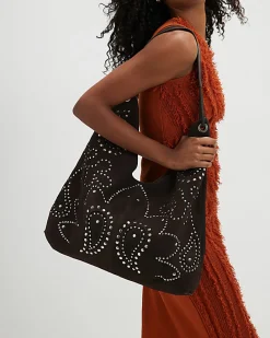 Brown Suede Studded Slouch Bag