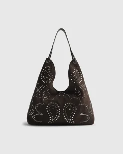 Brown Suede Studded Slouch Bag